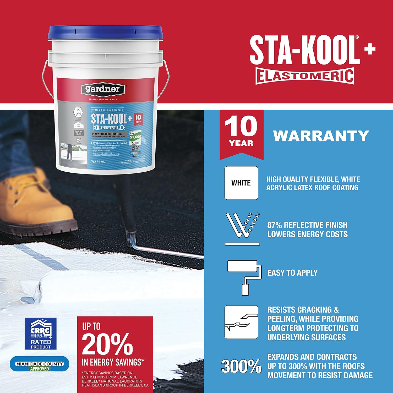 Sta-kool Elastomeric Roof Coating, White, RV Roof Coating 5 Gallon