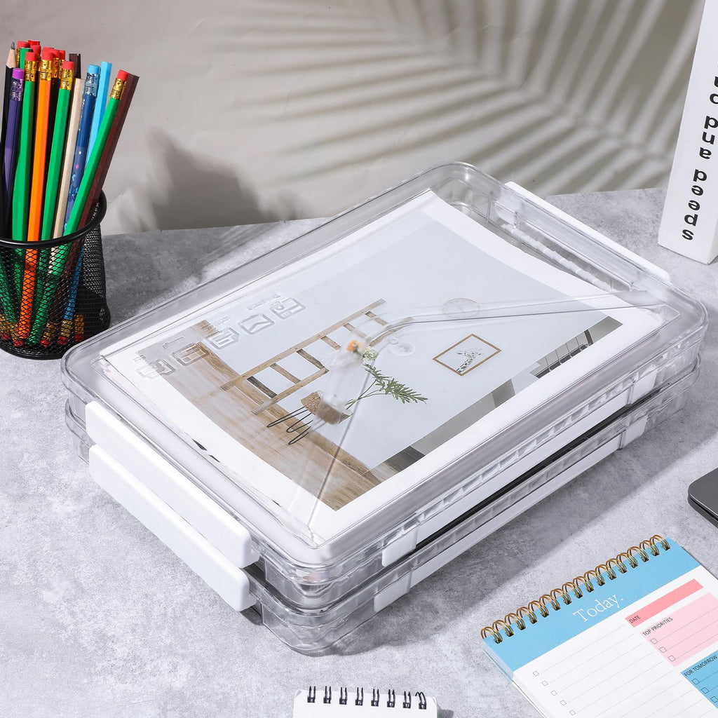 4 Pack Clear Plastic File Boxes with Handle, Modern Style, Stackable, Water Resistant, A4 Letter File, Document