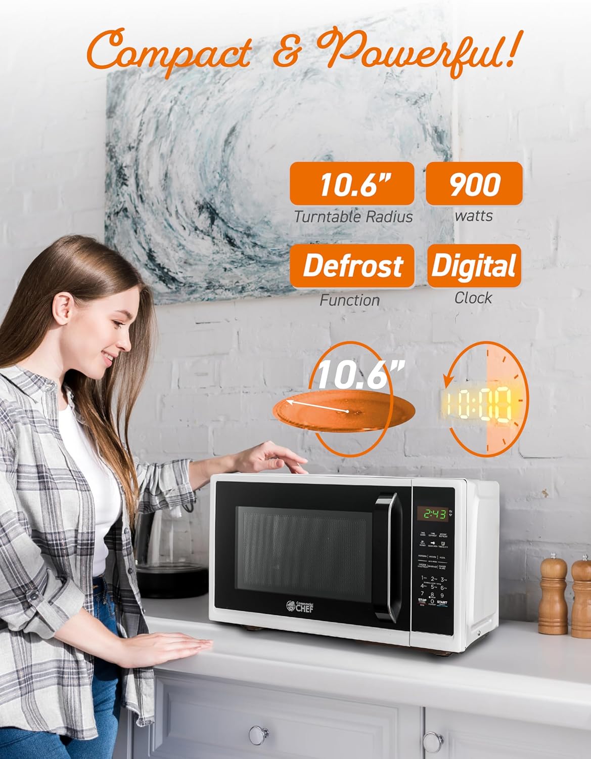 0.9 Cu. Ft. Countertop Microwave Oven, CHM9MW, White | Touch Controls with Digital LED Display, 900W Small Microwave