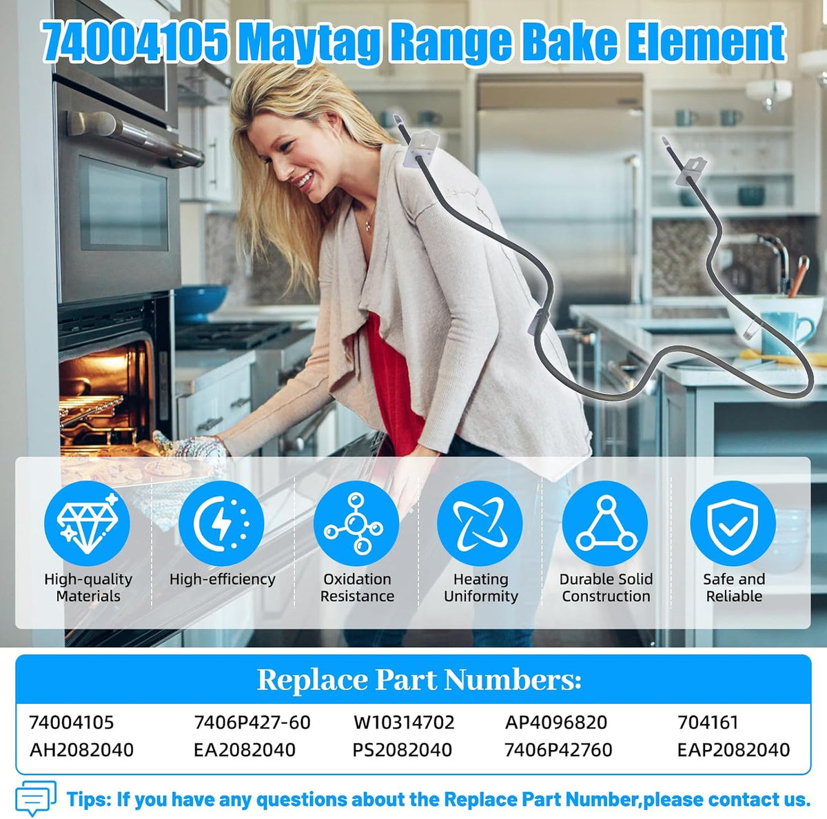 UPGRADED 74004105 Range Bake Element Compatible with Whirlpool Maytag Kenmore Stove Ovens Parts,74004105 Maytag Oven Heating Element Replacement 7406P42760 W10314702 Oven Convection Element