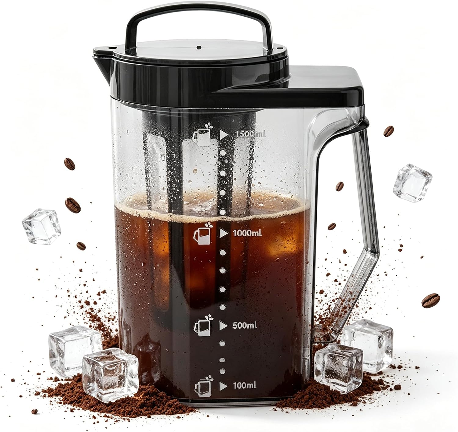 Cold Brew Coffee Maker, Pitcher Heat Resistant with 180° Rotatable Lid, Fine Mesh Filter, Dual Handles & Clear Scale