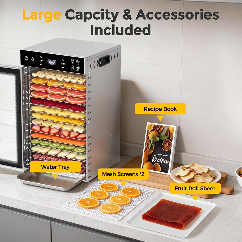 16-Tray Food Dehydrator, Stainless Steel, 4 Presets for Jerky&Fruit