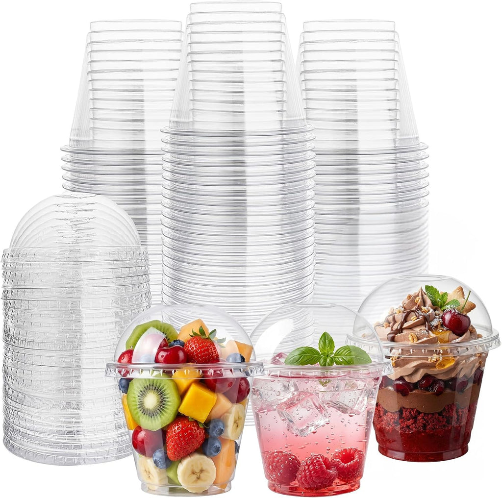 50 Pack 9 oz Clear Plastic Dessert Cups with Cross Hole Dome Lids