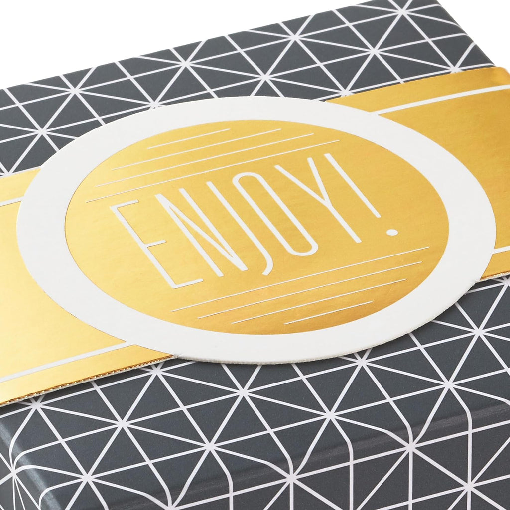 Small Gift Boxes with Wrap Band (2-Pack: Gray Geometric, Gold "Enjoy!") 4 inch Boxes for Weddings, Graduations