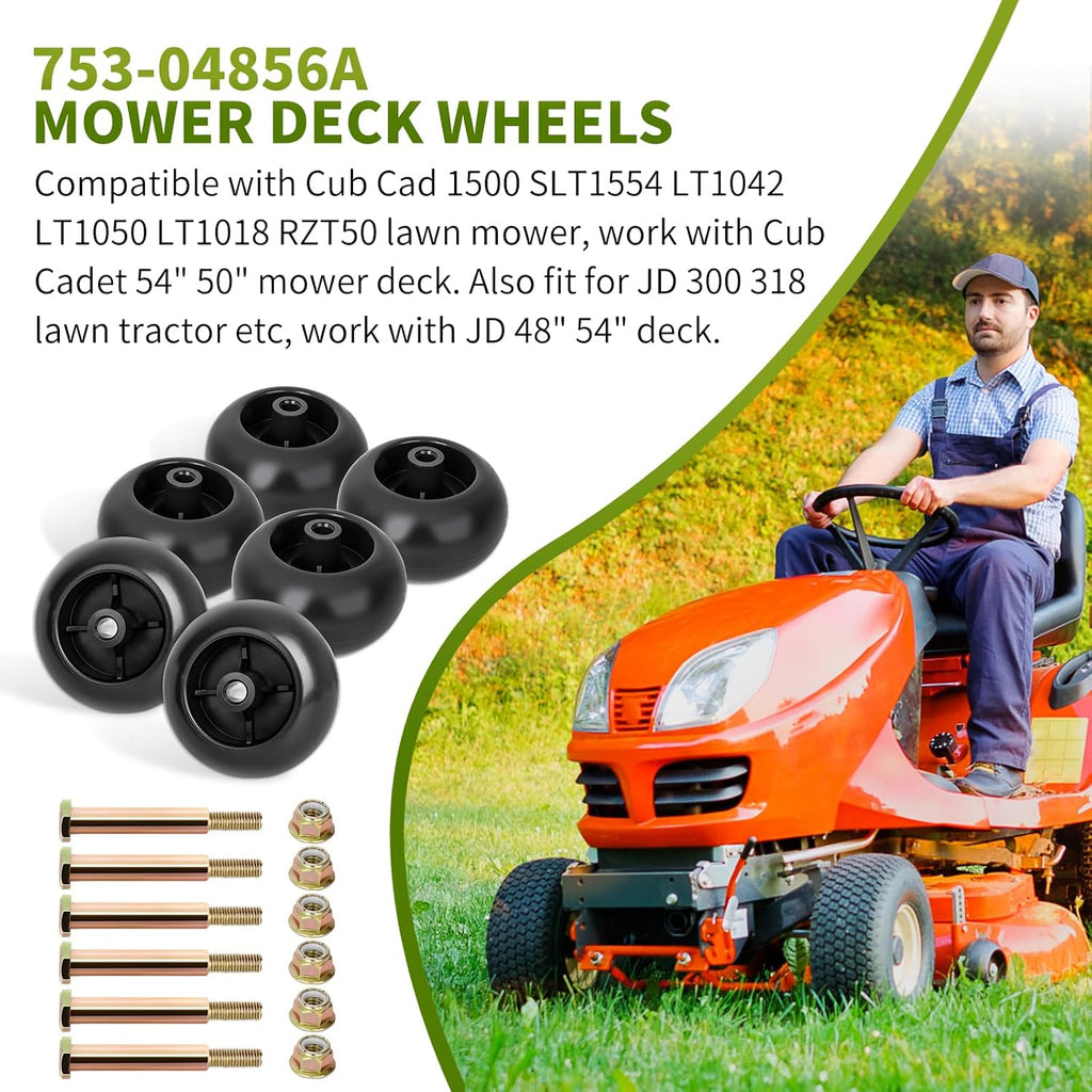 753-04856A Deck Wheels Fit for Craftsman Mower - Deck Rollers Gauge Wheel for Craftsman HU Cub Cad JD Lawn Mower Tractor, Work with 54" 48" Deck, Replaces 133957 734-03058, 6 Pack