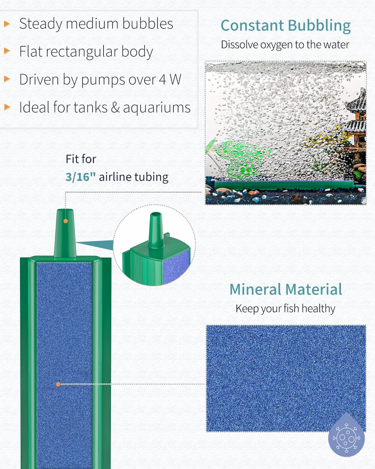 Aquarium Air Stone Bar Bubbler 8 Inch, Fish Tank Bubbler Stone with 4 Suction Cups Square Oxygen Diffuser for Air