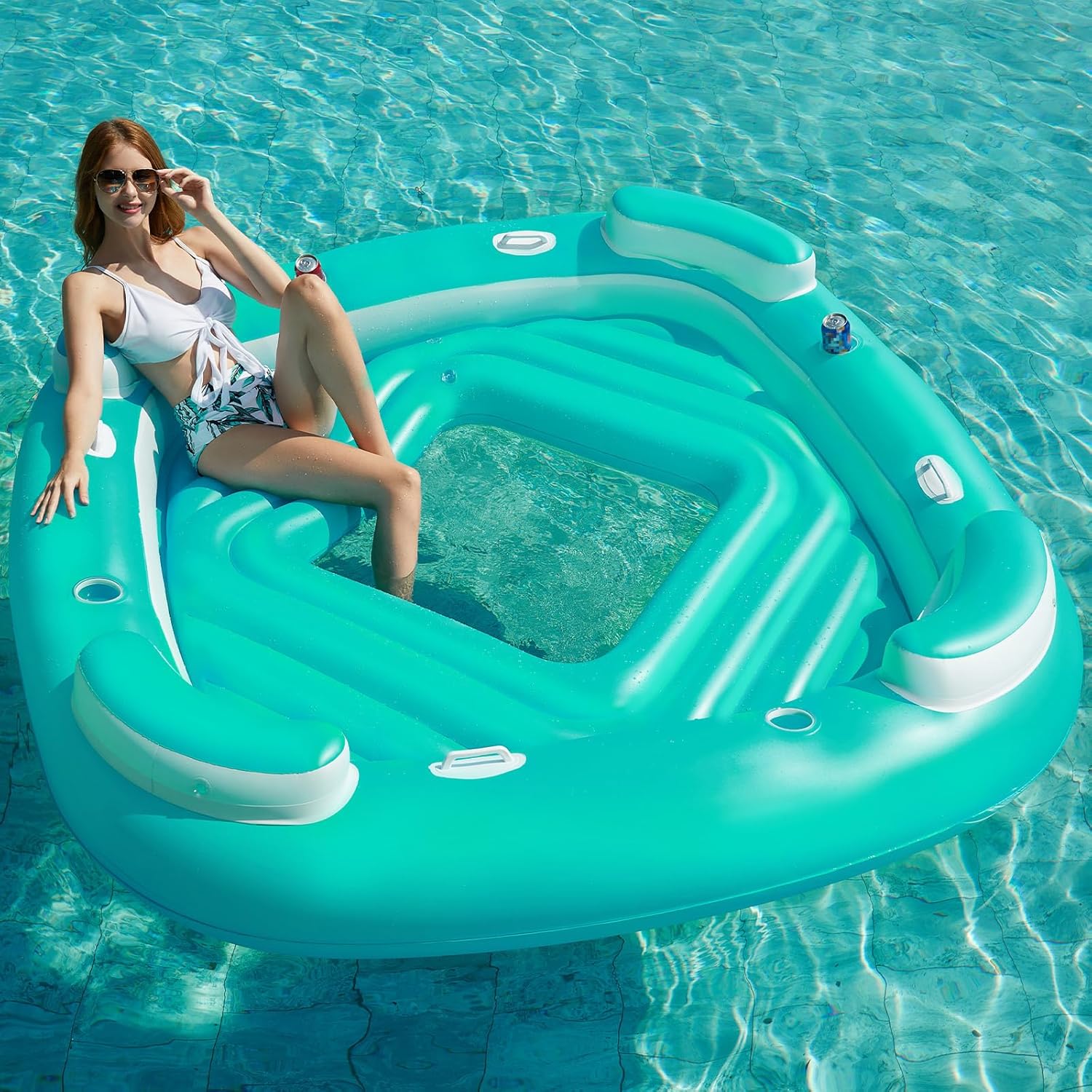 Floating Island Pool Float - Giant Inflatable Multi Person Pool Party Floats Swimming Pool Lounger Raft with Cup