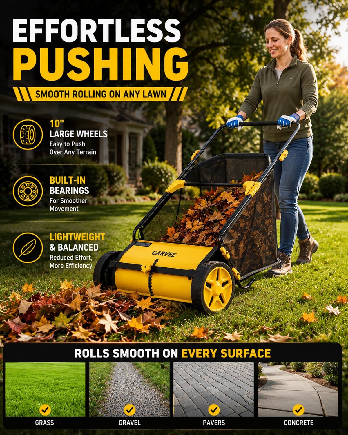 26 Inch Push Lawn Sweeper with 7 Cu. Ft. Large Mesh Collection Bag