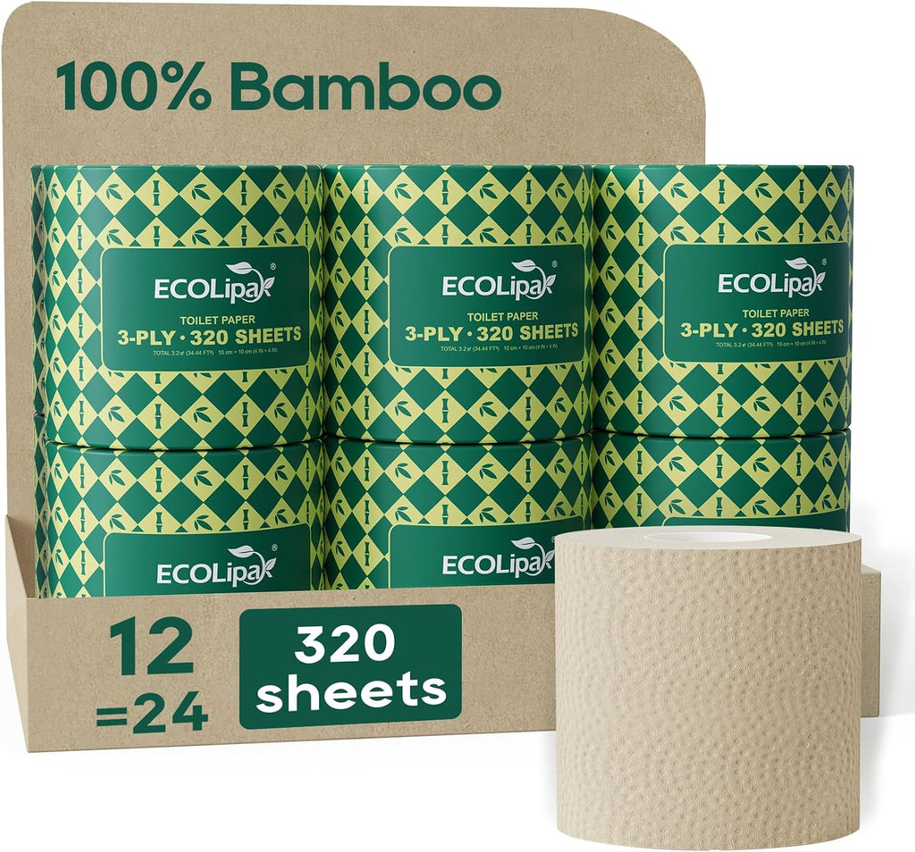 Bamboo Toilet Paper 3 Ply, 12 Rolls, 320 Sheets Per Roll, Brown