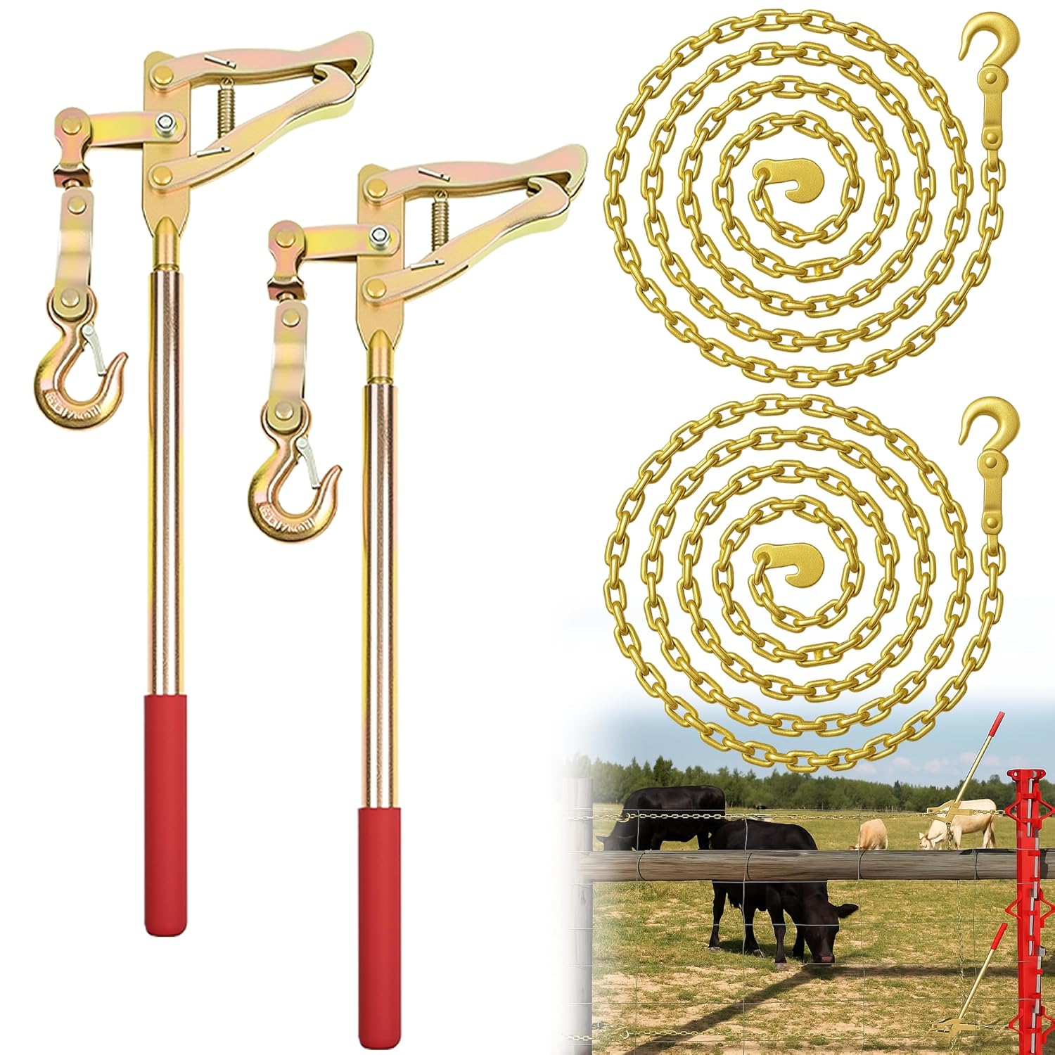 [2-Pack] Heavy Duty Fence Stretcher Tools with 20ft Chains, 2200lbs Capacity Wire Tensioners & Pullers for Ranch/Farm