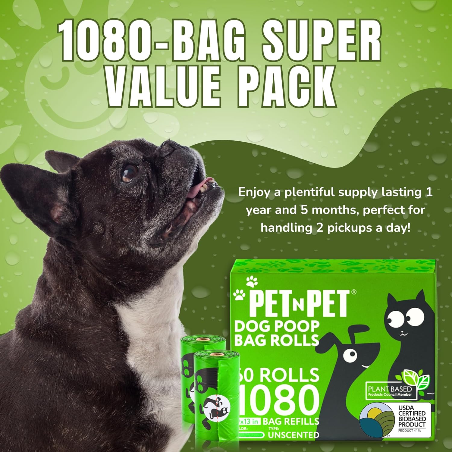 1080 Counts Green Poop Bags for Dogs, 41% Plant Based & 59% PE Extra Thick Dog Poop Bags Rolls, 9" x 13", Unscented