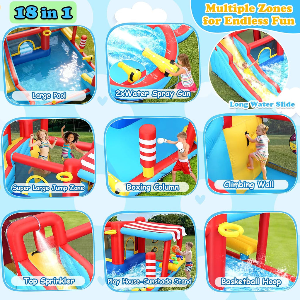 Bounce House Water Slide,18 in 1 Inflatable for Kids | Outdoor Water Park Bouncy House with Dual Slide,Big Splash