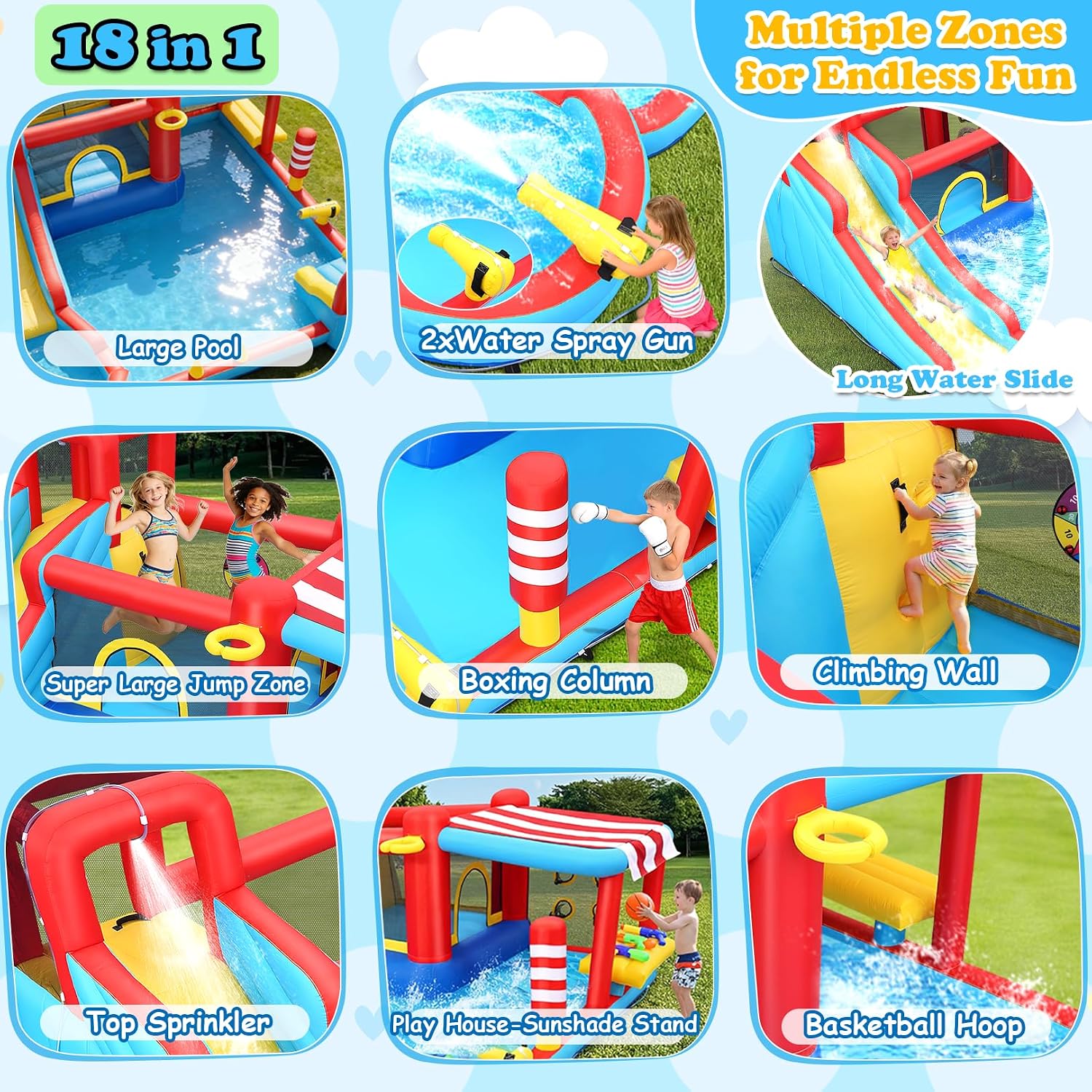 Bounce House Water Slide,18 in 1 Inflatable for Kids | Outdoor Water Park Bouncy House with Dual Slide,Big Splash