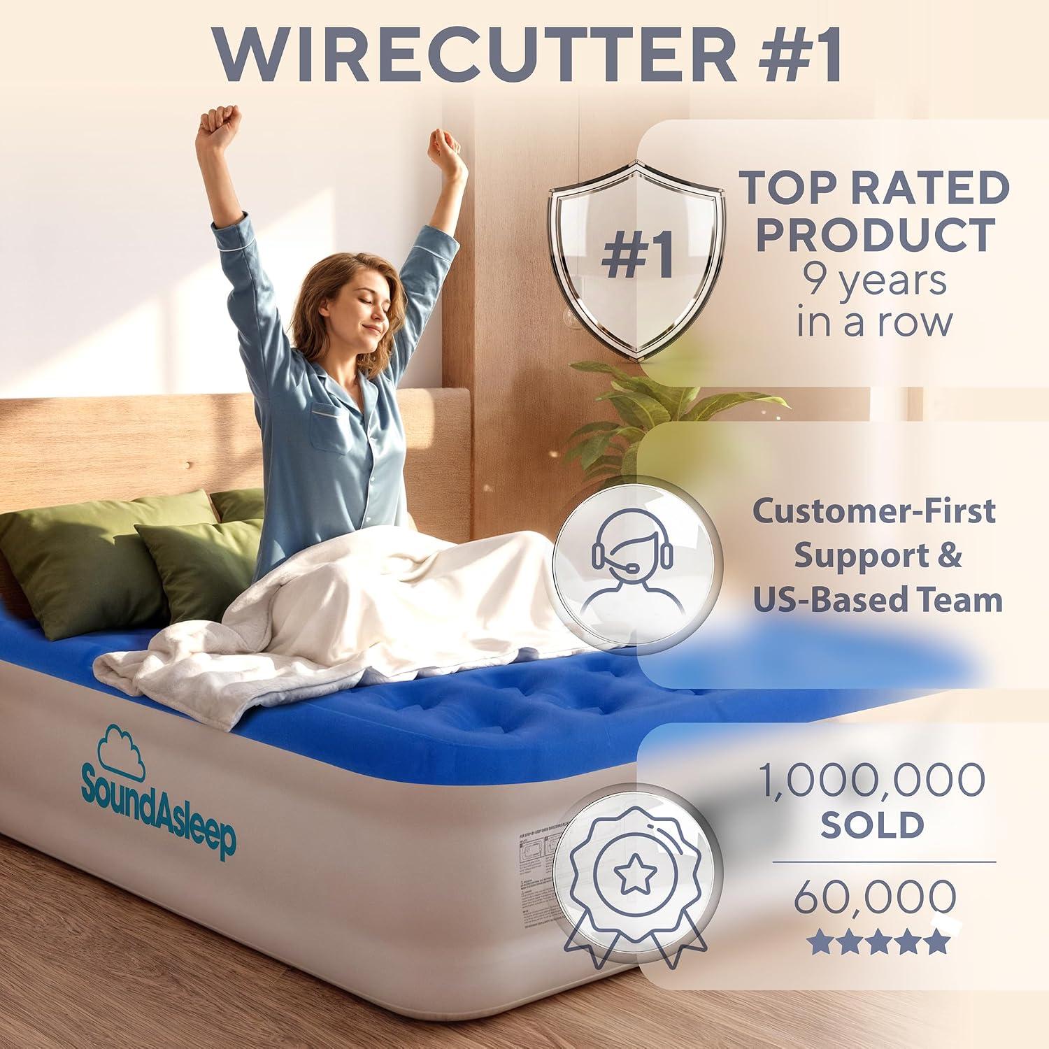SoundAsleep Dream Series Raised Queen Air Mattress, Built-in Pump, Blue | ComfortCoil Technology, fast 1-click