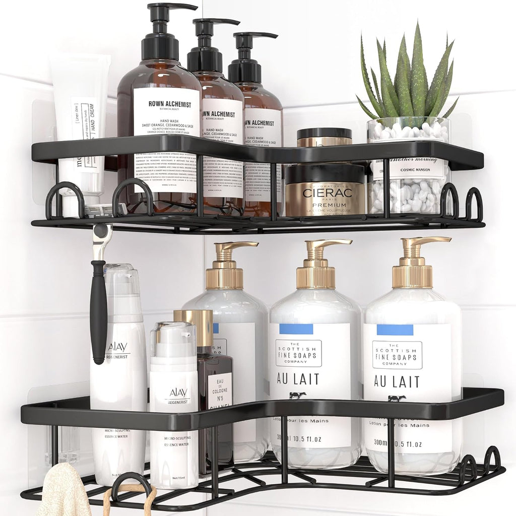 Corner Shower Caddy - 2 Pack, Adhesive Shower Organizers, Rustproof Stainless Steel Shower Shelves with 8 Hooks, No