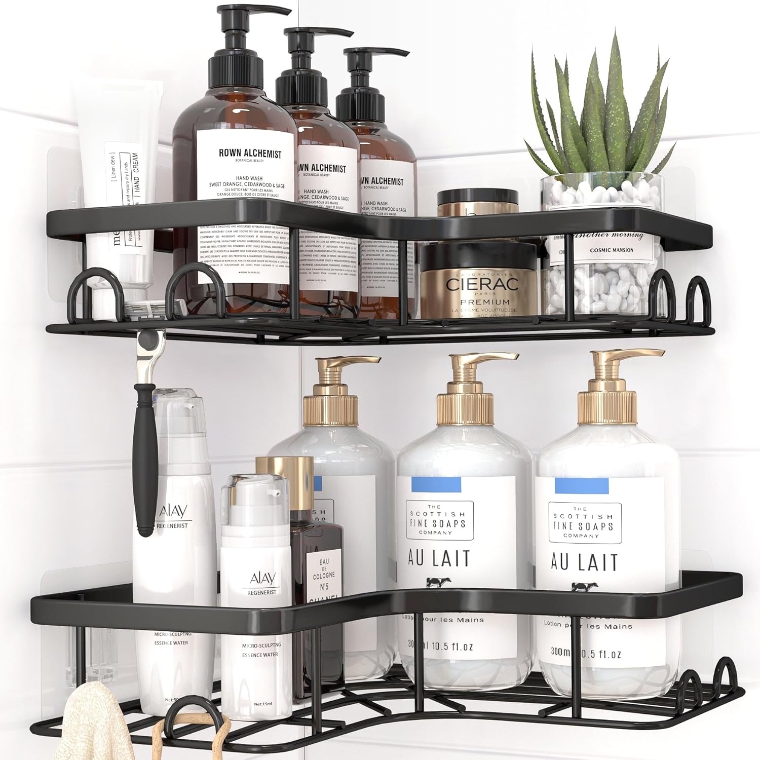 Corner Shower Caddy - 2 Pack, Adhesive Shower Organizers, Rustproof Stainless Steel Shower Shelves with 8 Hooks, No