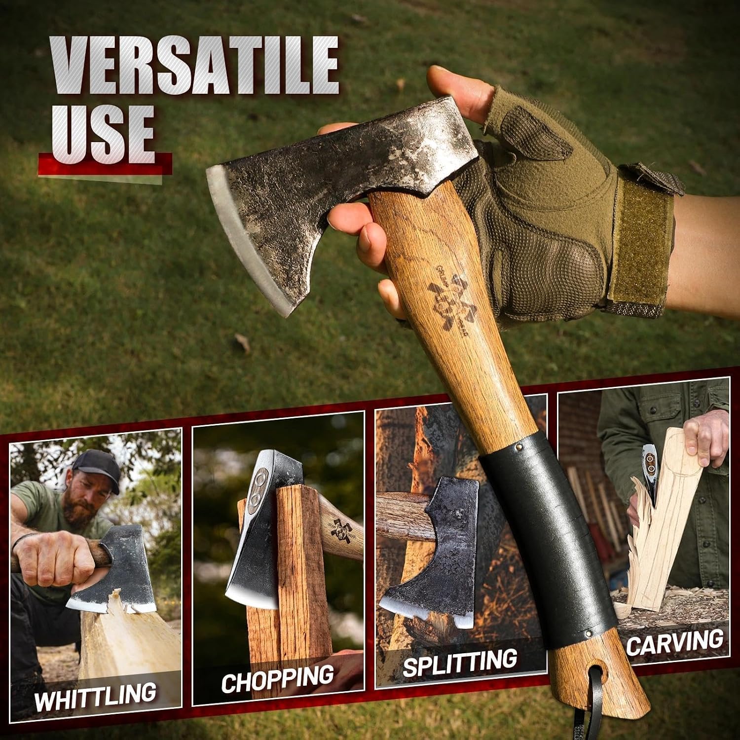 Camping Hatchet, Survival Axe with Sheath, High Carbon Steel and Wood Handle, Anti-Slip Grip – Ideal for Bushcraft
