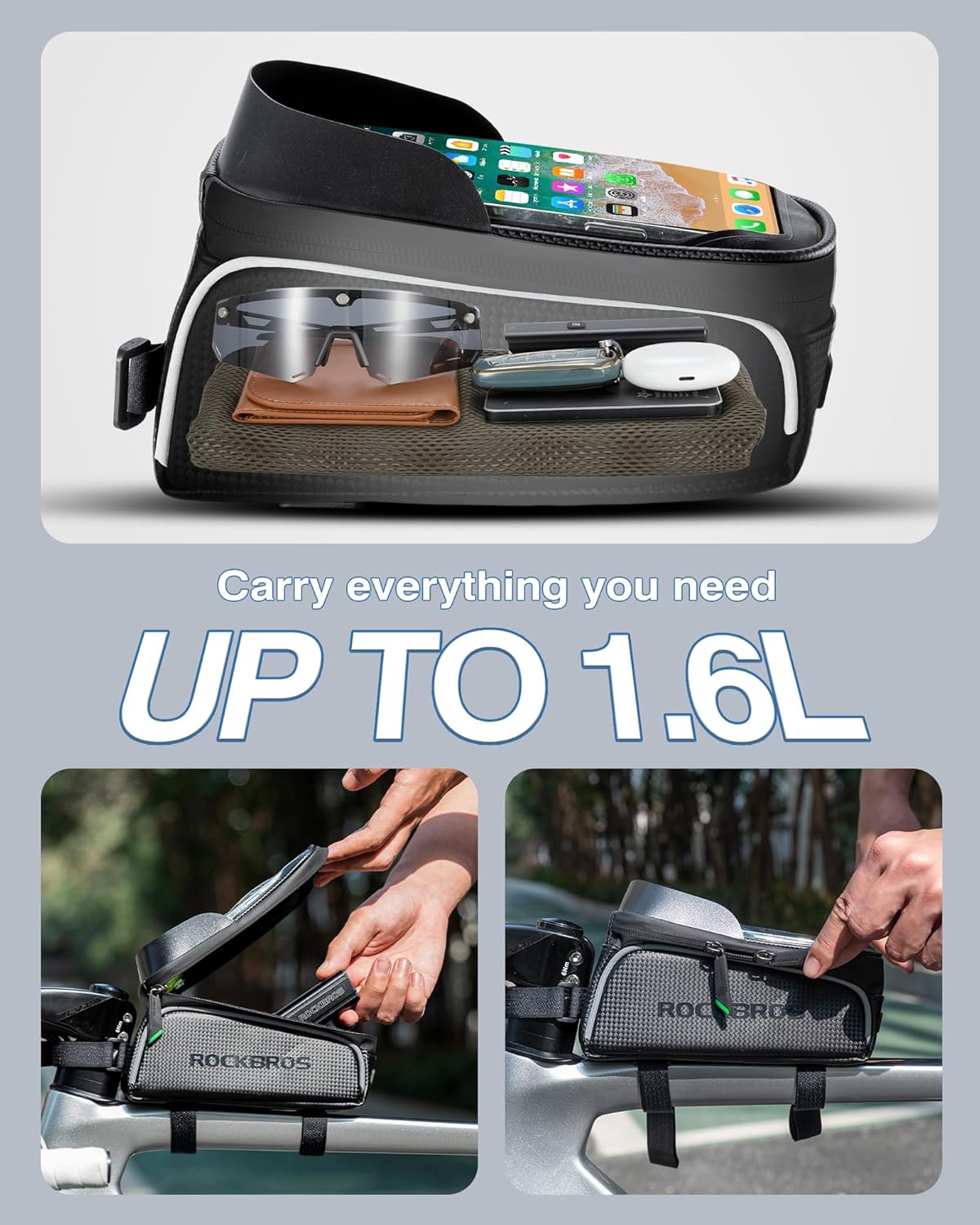 Bike/Bicycle Phone Front Frame Bag, Waterproof, Tube Cycling Pouch | E-Bike Accessories for Men Women Compatible