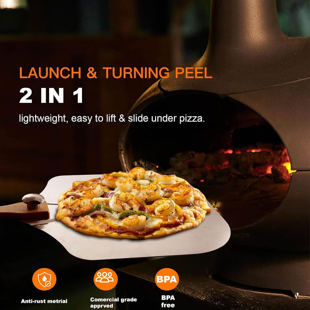 Aluminum Metal Pizza Peel (12" X 14"), Pizza Spatula with 14’’ Rocker Cutter, Pizza Paddle with Foldable Wooden