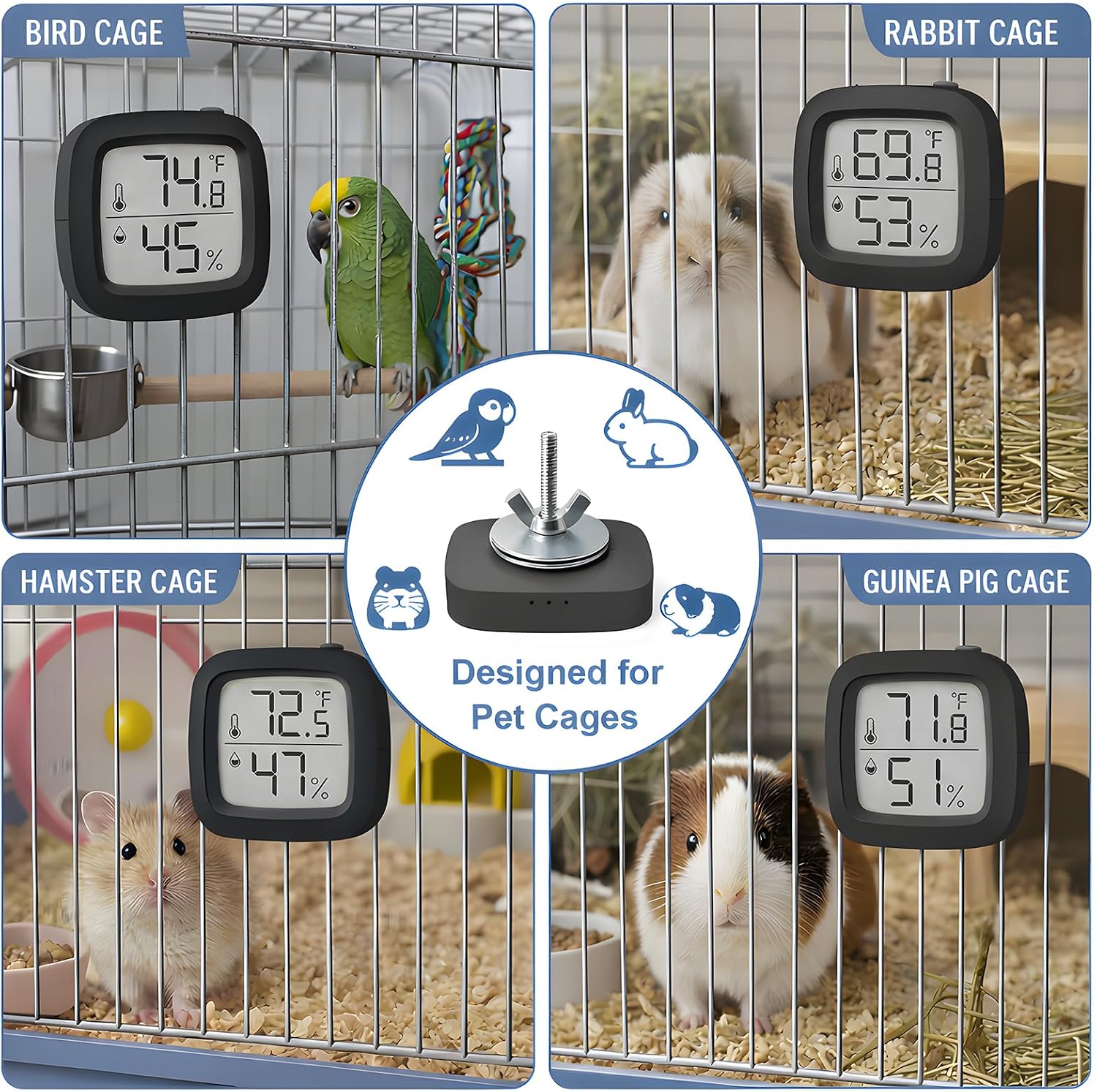Bird Cage Thermometer,Parrot Cage Hygrometer,Pet Cage Temp Humidity Gauge,Easily Mounts on Cage,Clear Temp &