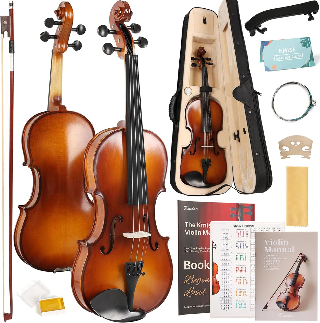 Violin 4/4 Full Size Starter Kit for Students Beginners Adults, Quality Ebony Acoustic Fiddle Set with Hard Case