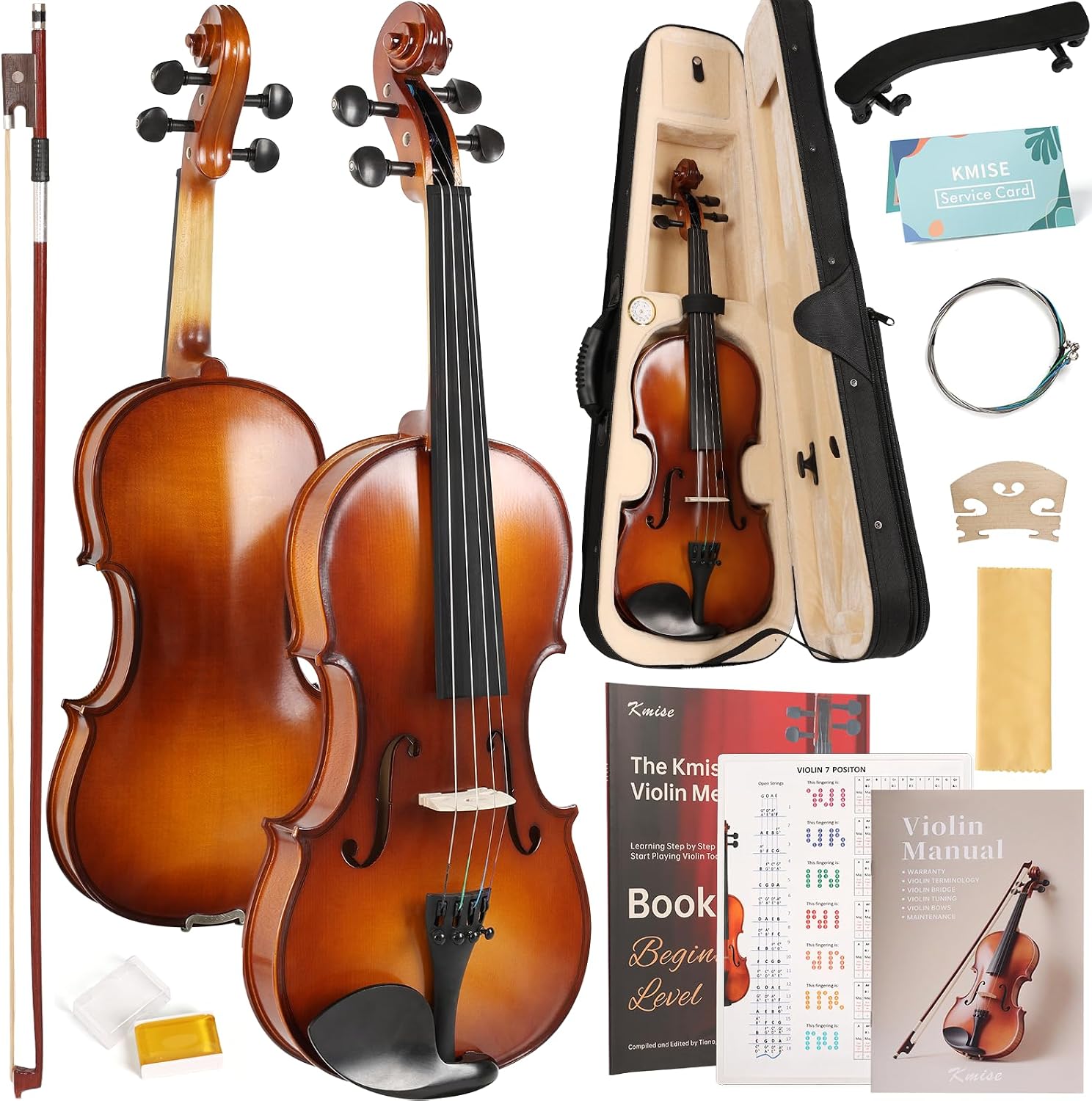 Violin 4/4 Full Size Starter Kit for Students Beginners Adults, Quality Ebony Acoustic Fiddle Set with Hard Case