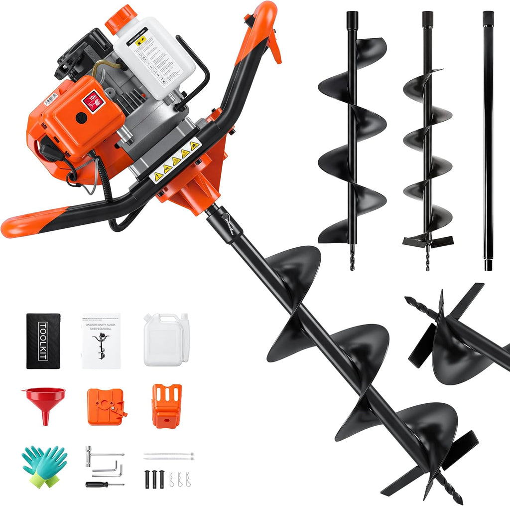 63CC 2-Stroke Gas Powered Auger Post Hole Digger with 6"/8" Auger Bits & Ext | Upgraded Earth Post Hole Digger, Power