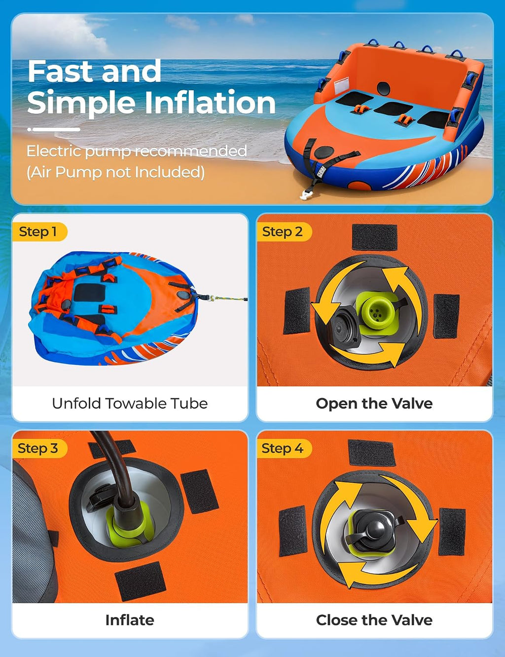 Towable Tube for Boating 1-3 Person, Inflatable Pull Boat Tube | Inflatable Water Tubes for Boats,Front & Back Tow