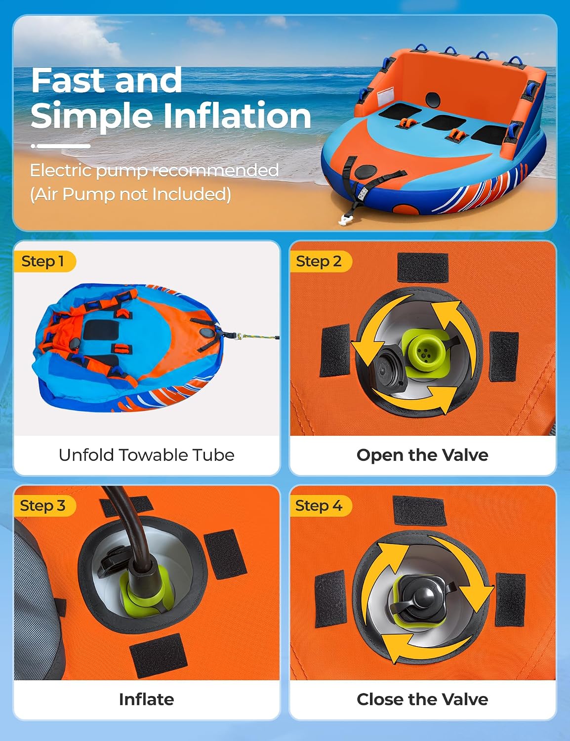 Towable Tube for Boating 1-3 Person, Inflatable Pull Boat Tube | Inflatable Water Tubes for Boats,Front & Back Tow