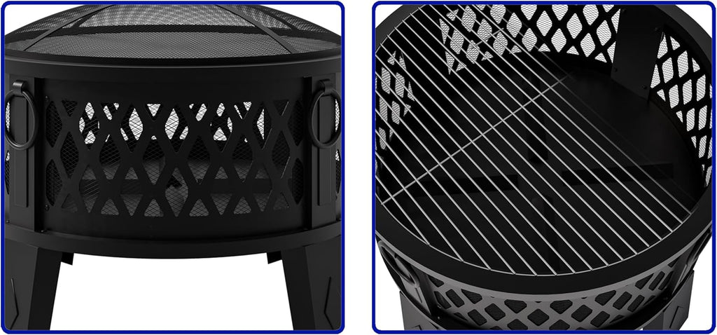 26" Steel Fire Pit with Grill & Diamond Mesh Design,360° Airflow Tech for 80% Less Smoke,XL Flames,Heavy-Duty