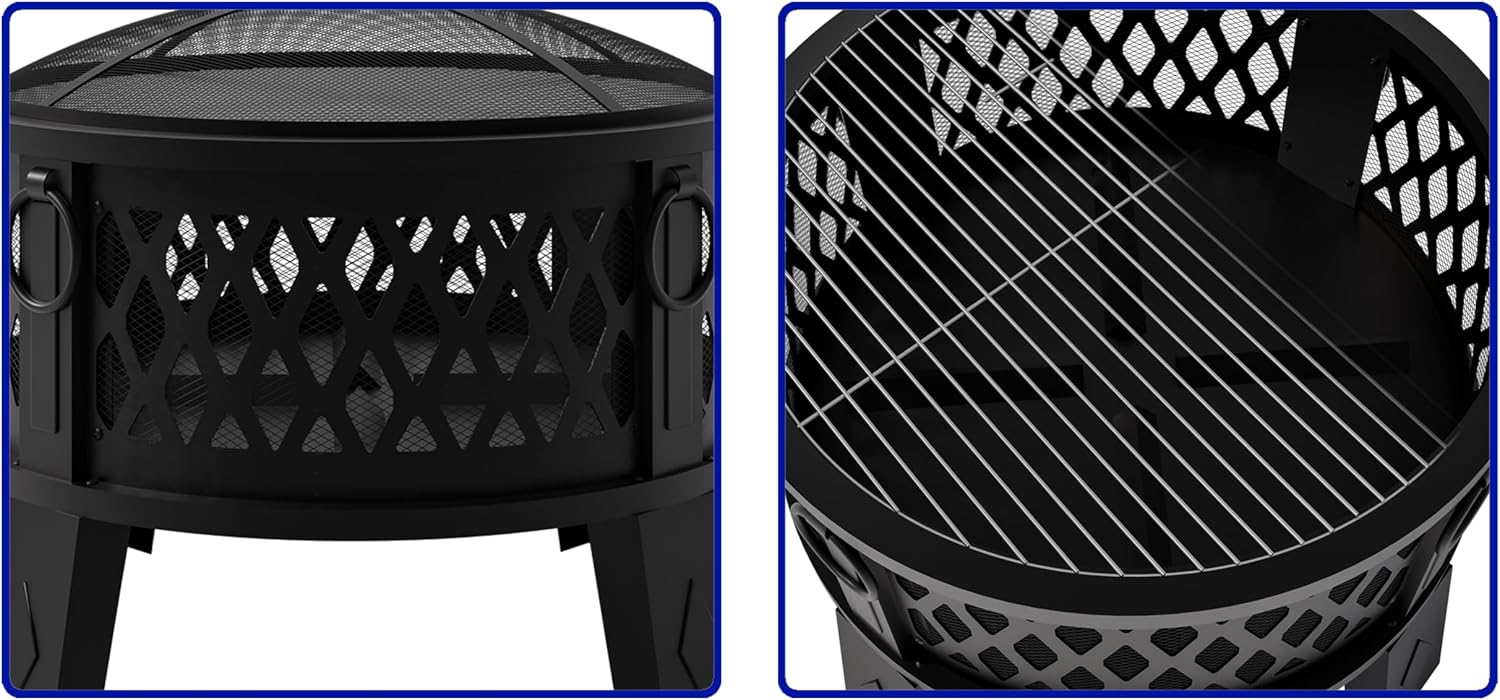 26" Steel Fire Pit with Grill & Diamond Mesh Design,360° Airflow Tech for 80% Less Smoke,XL Flames,Heavy-Duty