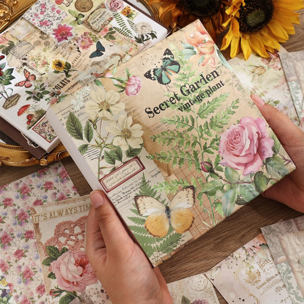 Vintage Botanical Scrapbooking Supplies Kit, Aesthetic Flower Scrapbook Kit for Bullet Junk Journal, 12 Rolls Washi