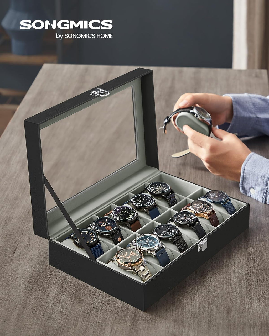 Watch Box, 12-Slot Watch Case Organizer with Large Glass Lid, Removable Pillows, Gift for Loved Ones, Black Synthetic