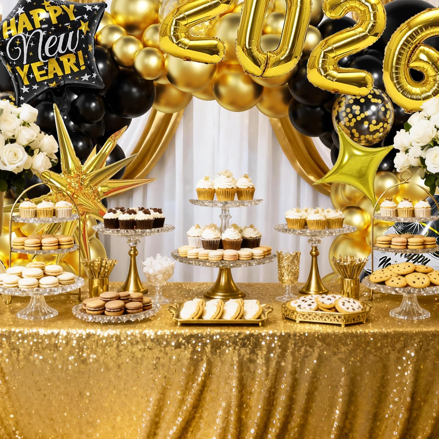 New Years Decorations 2026 Eve Party Supplies with Glasses Hats Black Gold Confetti Balloons 2026 Number Balloons New