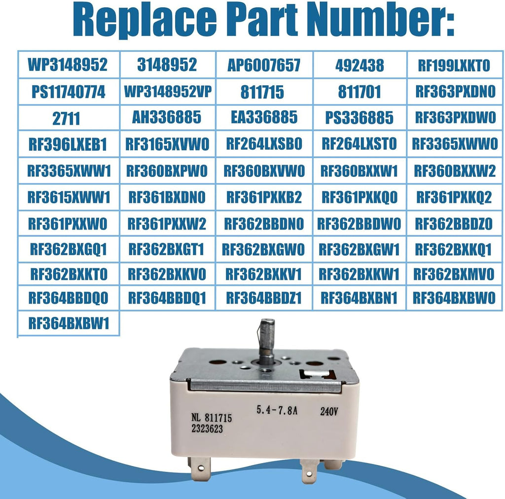 WP3148952 3148952 Upgraded Oven Range Infinite Switch Compatible With Whirlpool Maytag Estate Amana Kenmore Replace AP6007657 492438 PS11740774 WP3148952VP 811715 811701 AH336885 EA336885 PS336885