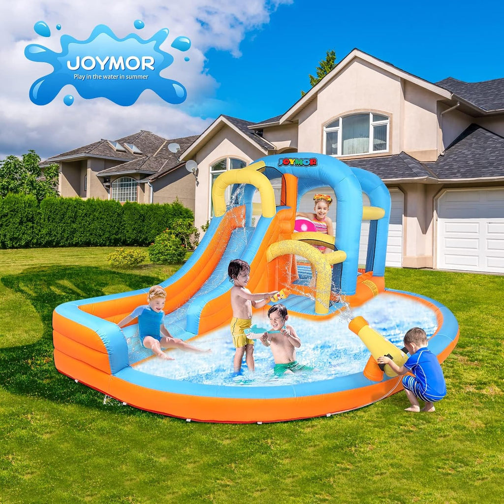 5-in-1 Inflatable Water Slide Park, Water Bounce House w/Air Blower, Climbing Wall, Double Jump Area, Splash Pool