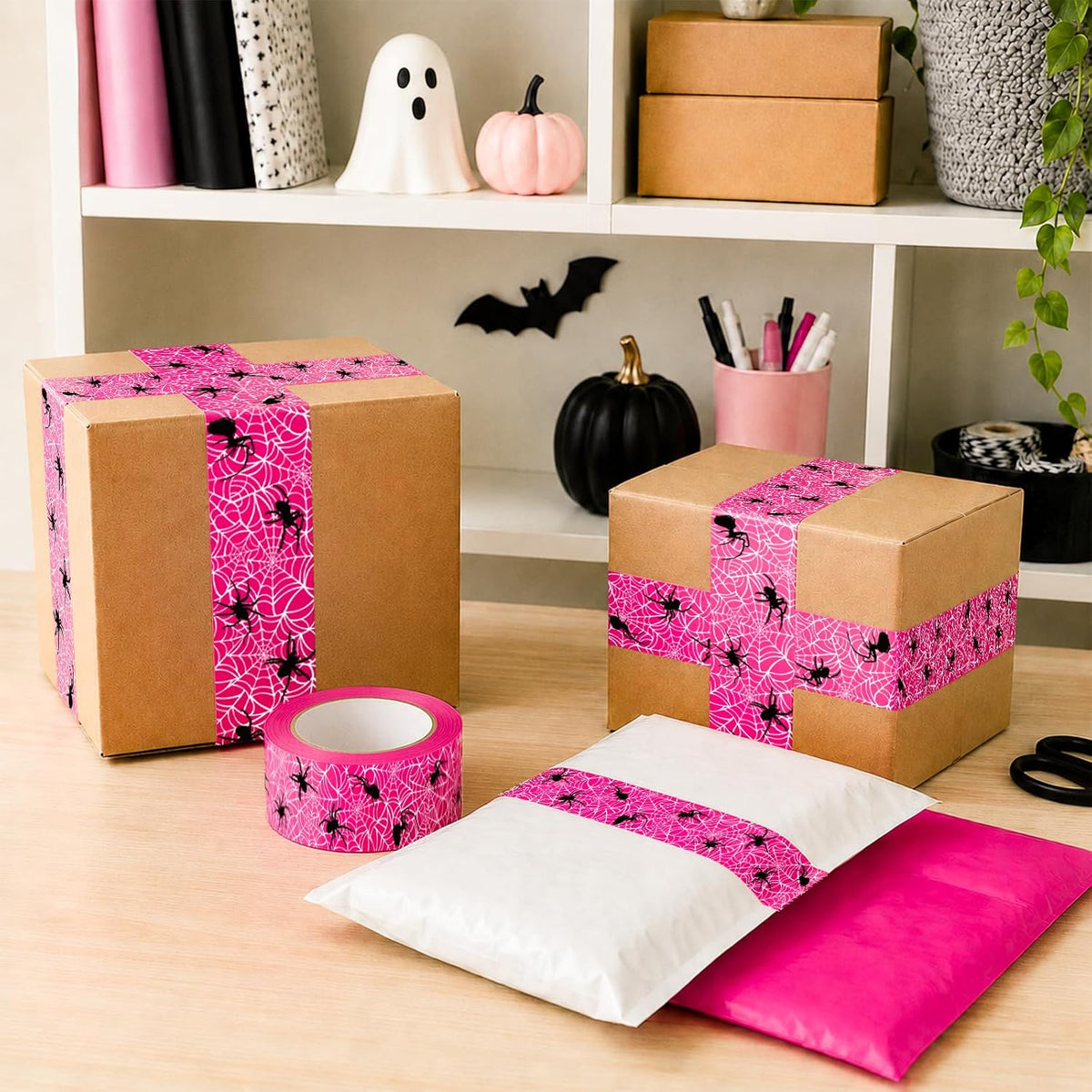 Halloween Packing Tape, Hot Pink Spider Web, 109 Yard