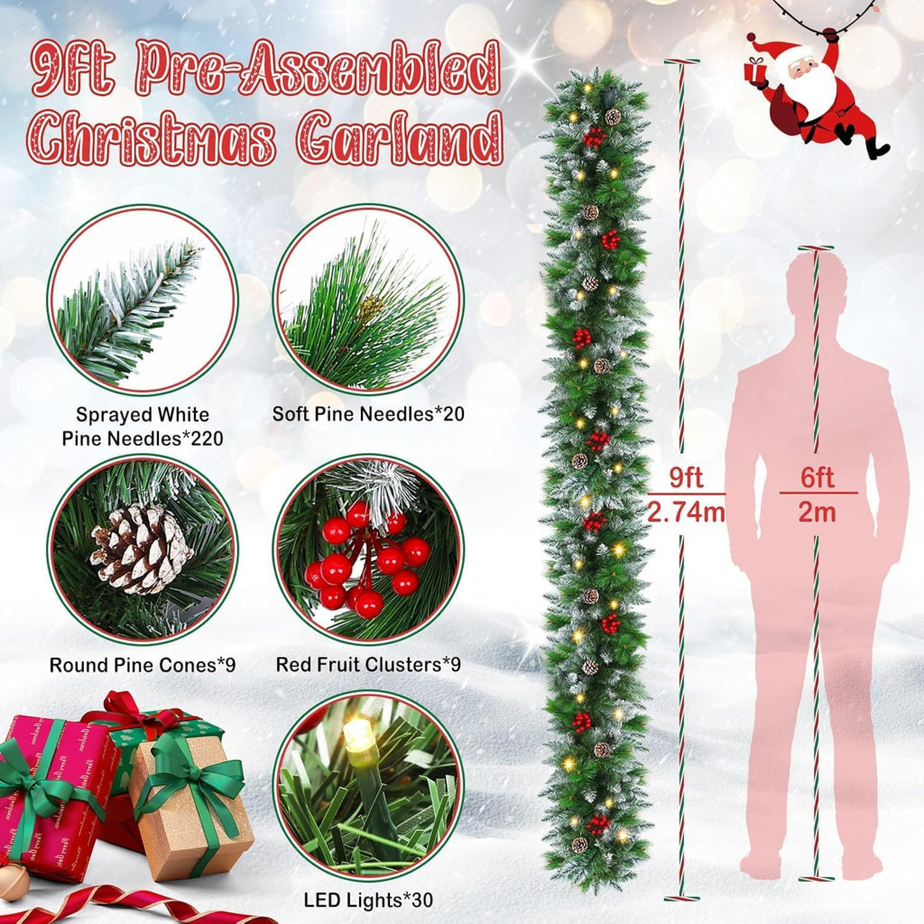 Christmas Garlands,2.7M/ 9FT Christmas Garland,Christmas Garland with Lights, and Berries