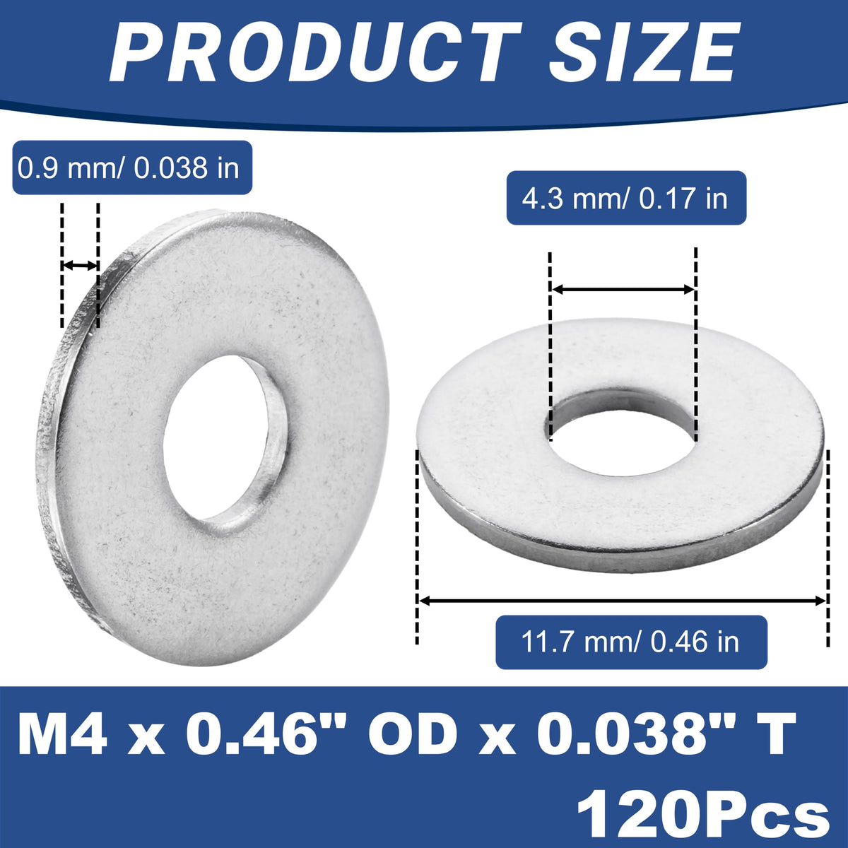 120 Pcs M4 Large Flat Washer Stainless, 0.46" OD, 0.038" Thick