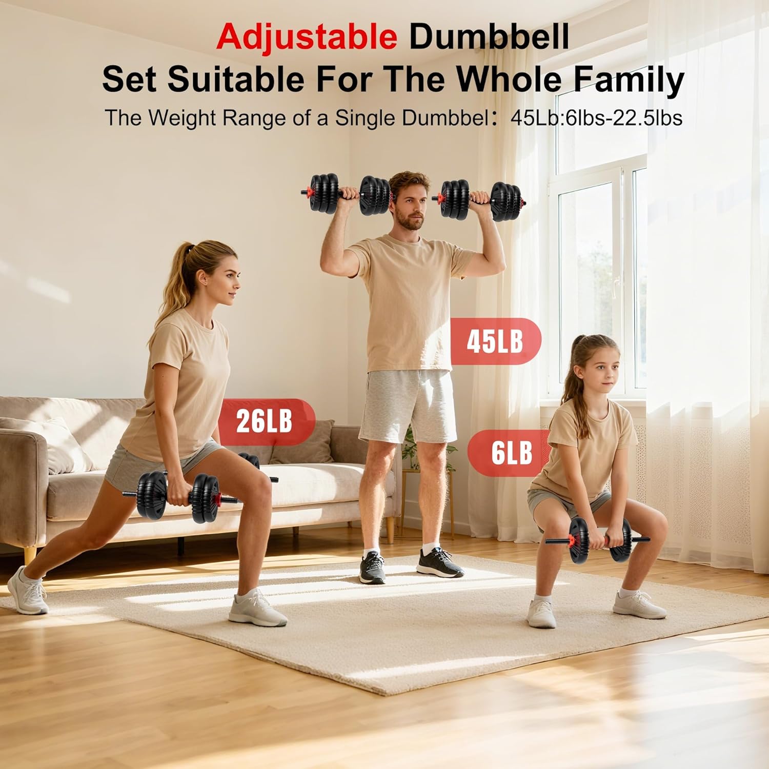 Adjustable Dumbbell Set, 10/20/30/45/70/90lbs Free Weight Set with Connector, 5 in1 Dumbbells Set Used as Barbell