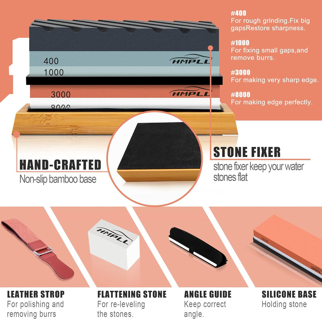 Knife Sharpening Stone Set, Professional Whetstone 4 Side Grit 400/1000 3000/8000, Whetstone Knife Sharpener Stone
