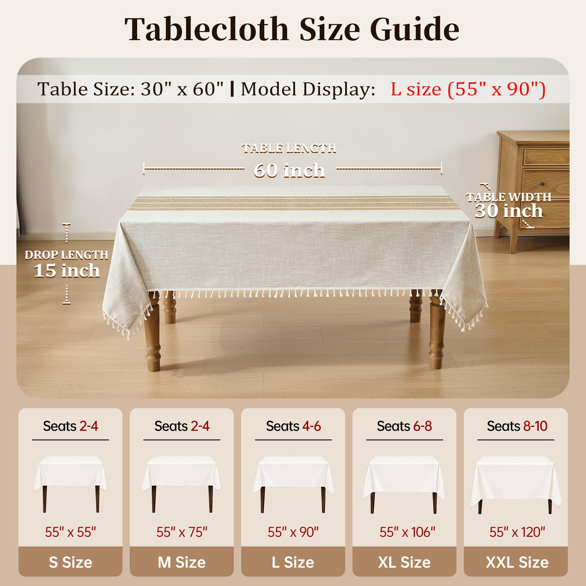 Tablecloth Rectangle Linen Style Fabric, 55" x 75" Coffee Lines