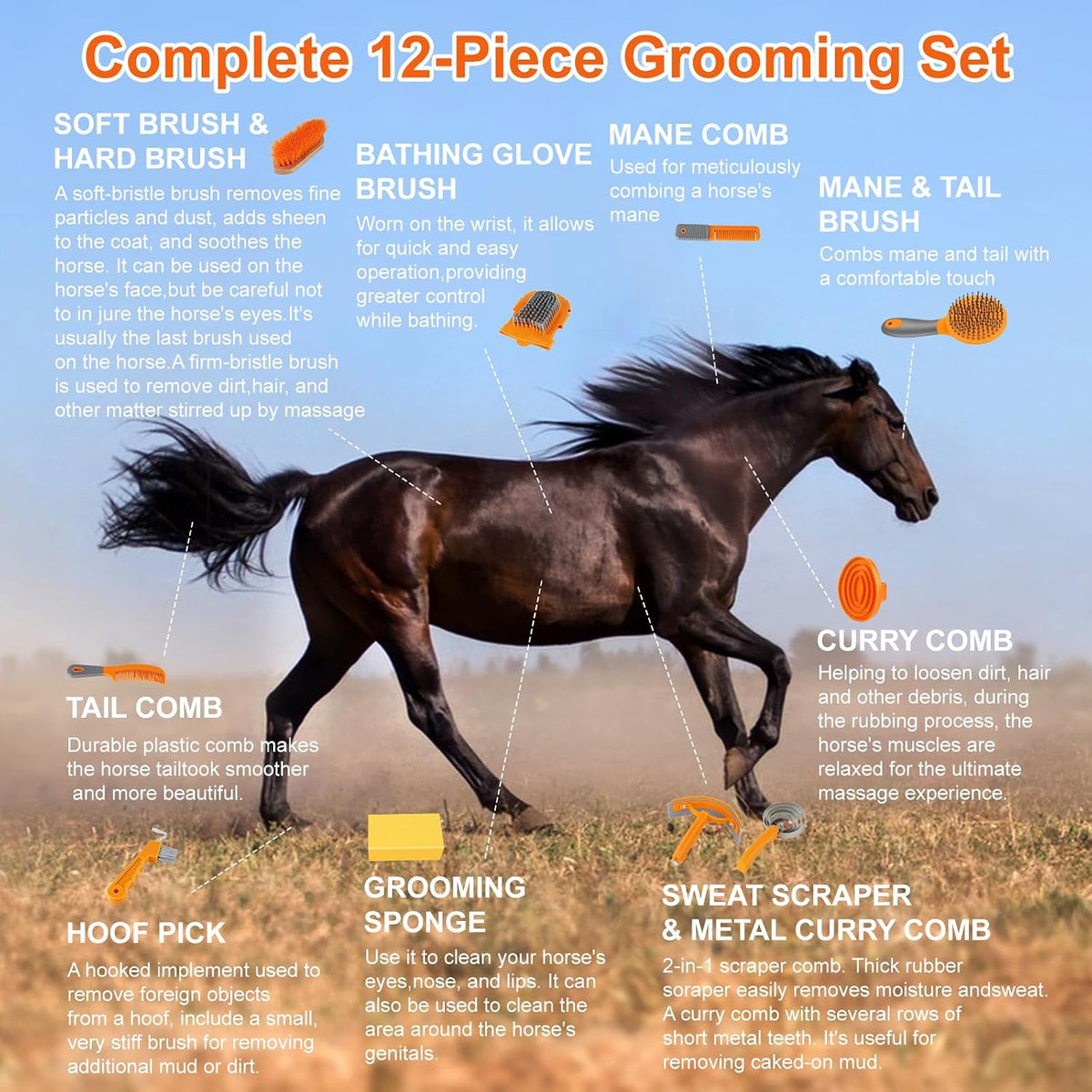 Horse Grooming Kit, 12-Piece Horse Brush Set with Storage Tote, Grey