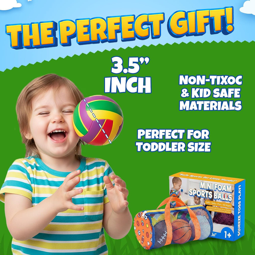 Soft Sports Balls for Toddlers (6-Pack) Foam Ball Set for Kids Ages 1-3 | Foam Soccer, Basketball, Football