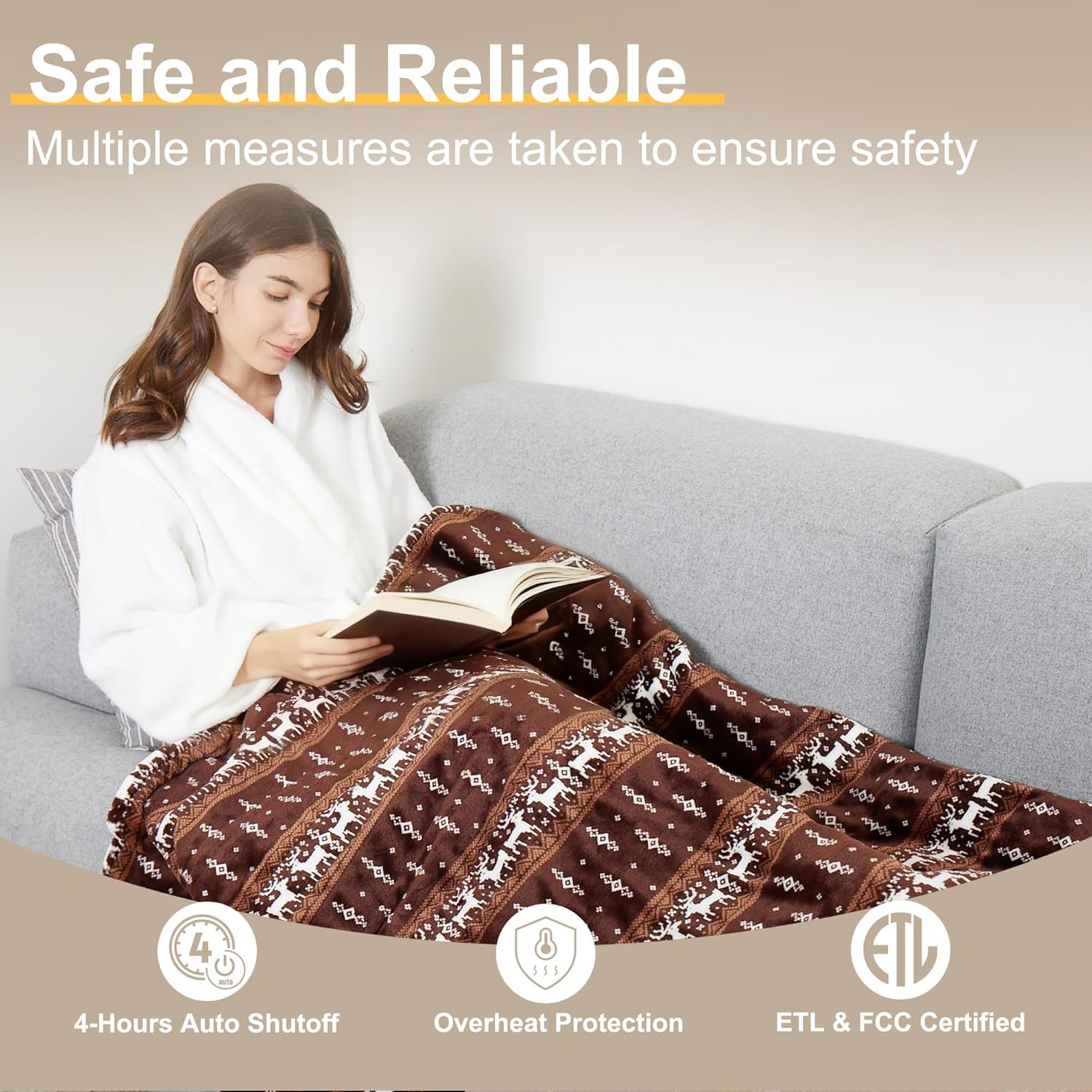 Heated Blanket Throw, Soft Double Flannel Electric Blanket, Moose | ETL/FCC Certified,10ft Cord,3 Heat Levels, 4H