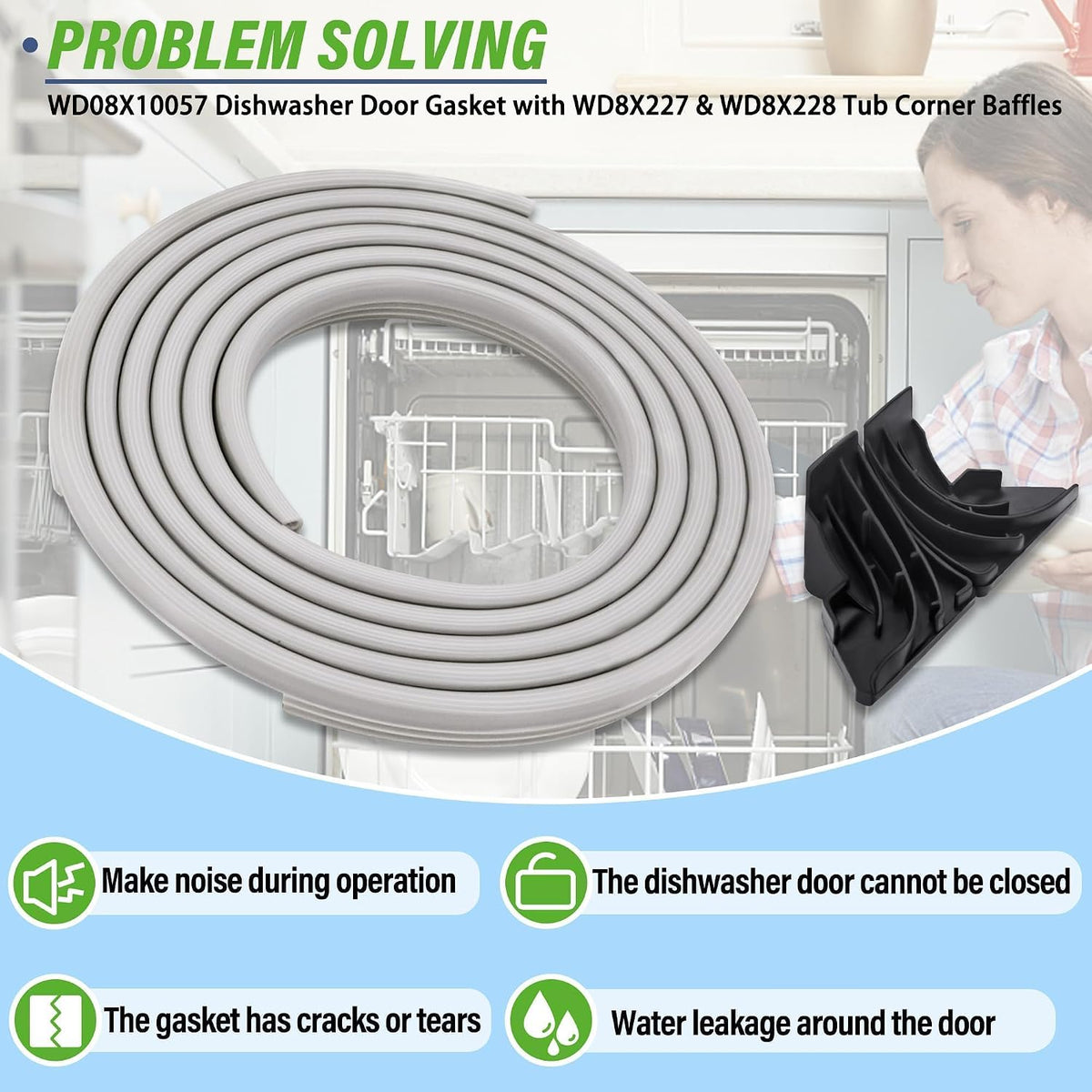 WD08X10057 Dishwasher Door Gasket Seal with WD8X228 WD8X227 Corner Baffles