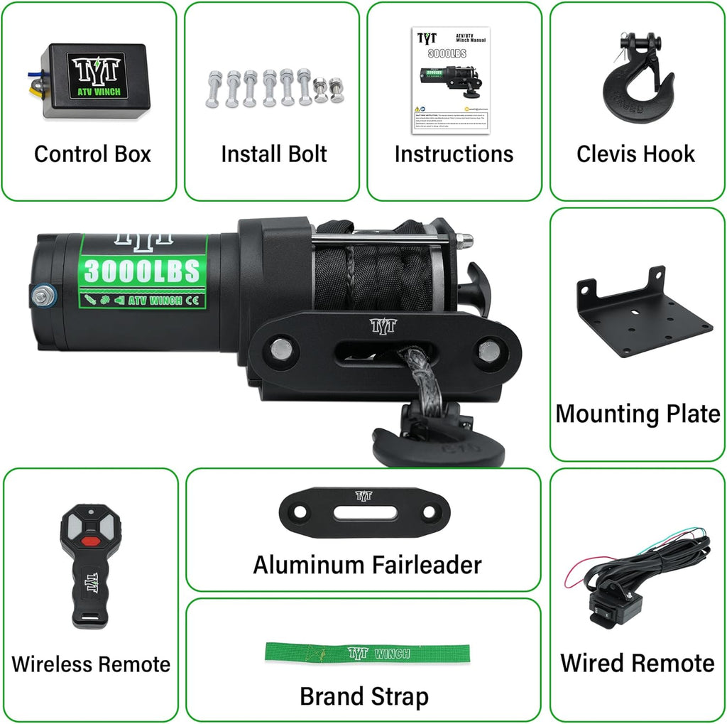 3000 lb ATV Winch with Wireless Remote and Wired Switch,12V DC Electric Winch Synthetic Winch Rope with Fairlead and