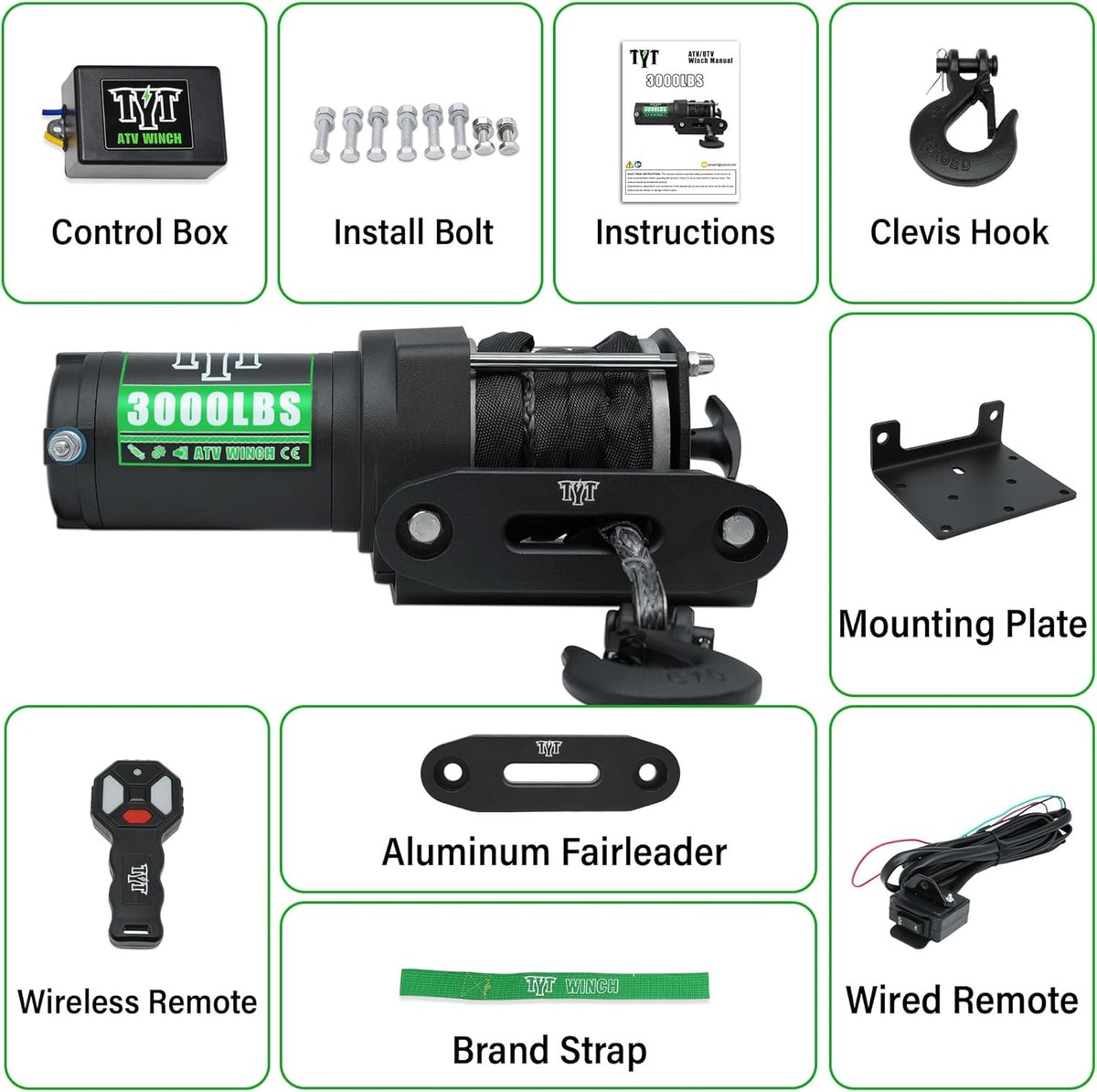 3000 lb ATV Winch with Wireless Remote and Wired Switch,12V DC Electric Winch Synthetic Winch Rope with Fairlead and