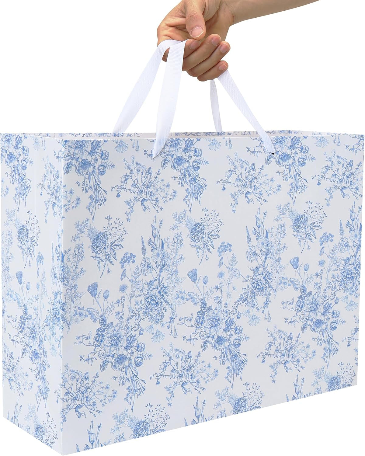 16.5" Extra Large Blue Floral Gift Bag Set with Handles, Greeting Card, White Tissue Papers and Stickers for Women