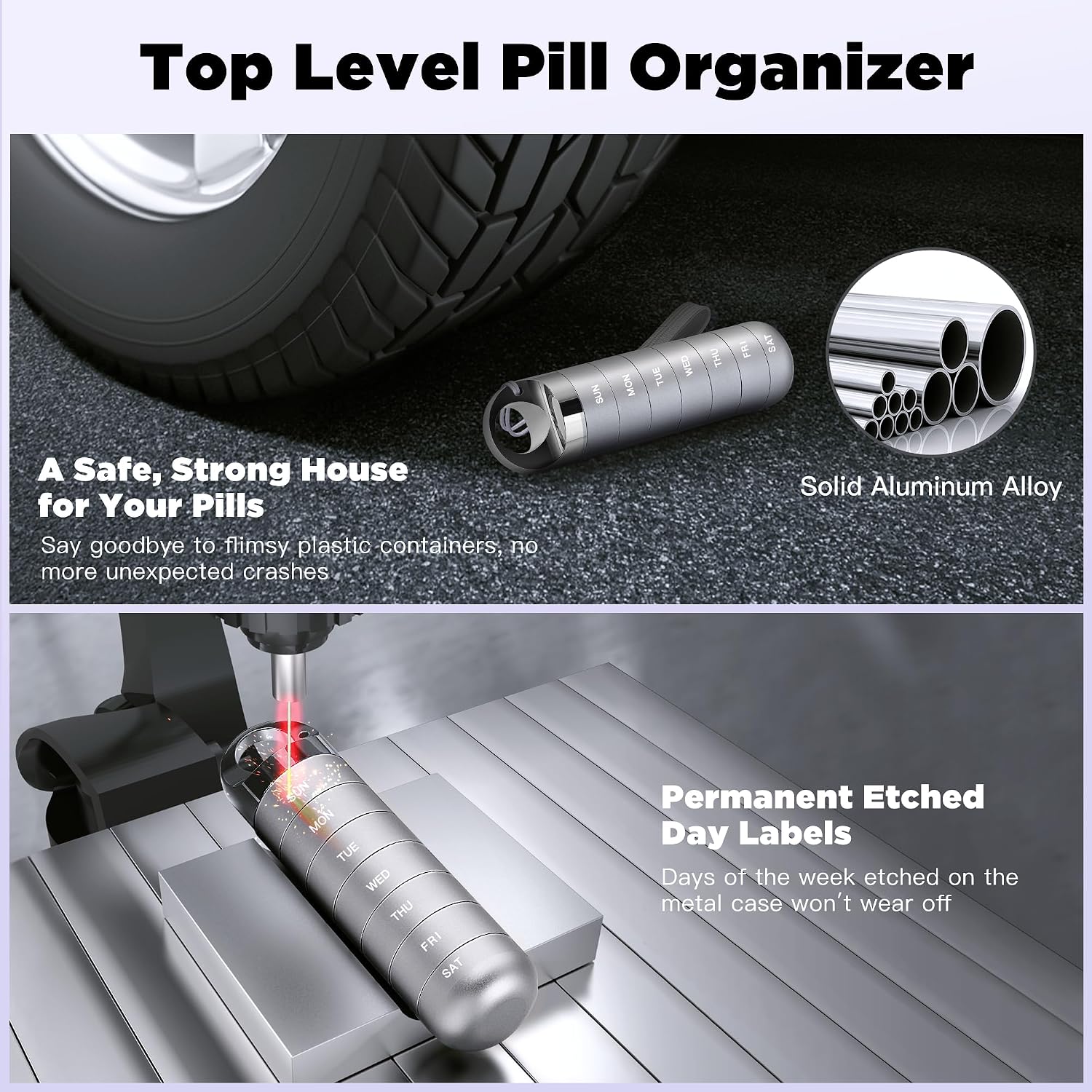 Metal Travel Pill Organizer, Portable Waterproof Weekly Pill Box, Large Aluminum Alloy Pill Case Container, BPA Free